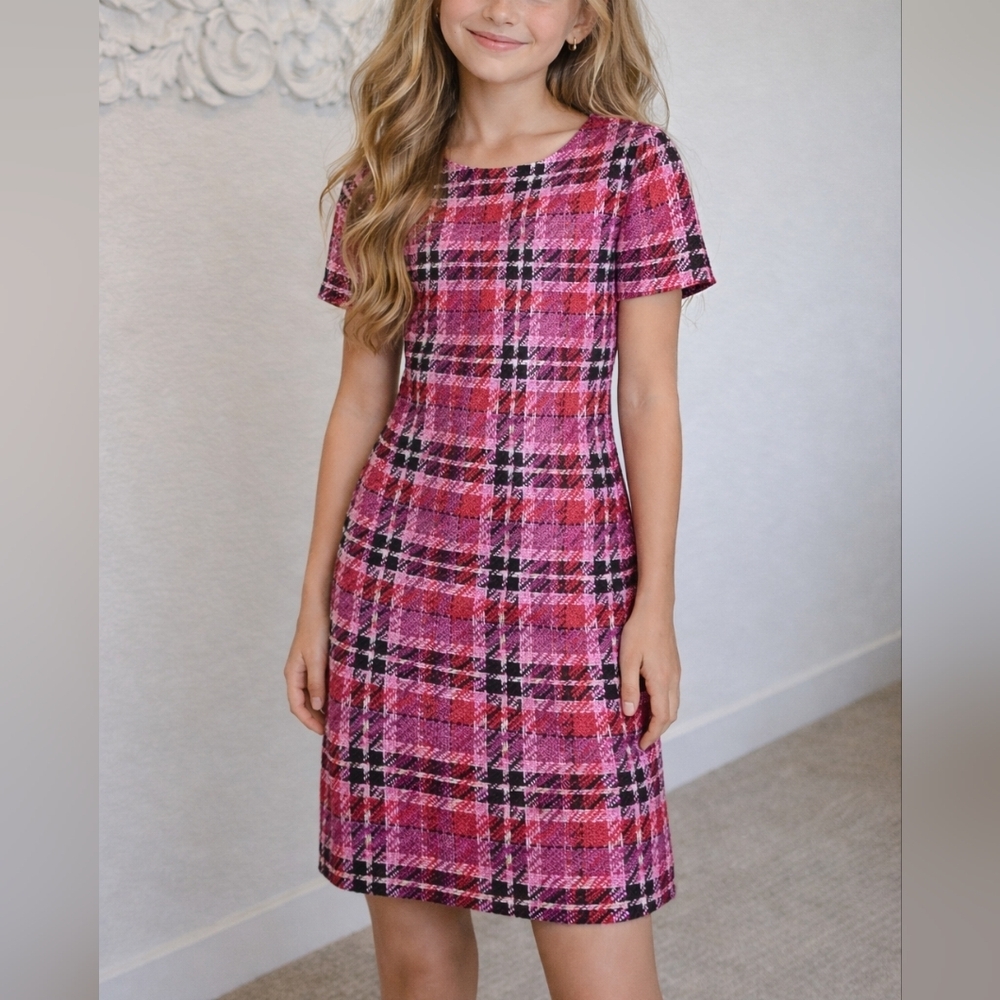 NWT gb plaid Pink & Black Houndstooth Tweed Vintage Look Girls Dress 10, 5, & 2T